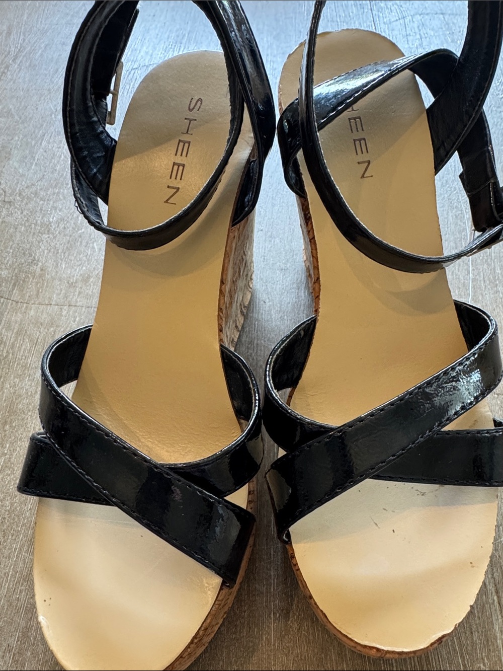 Black Patent Wedge Sandals with Ankle Strap